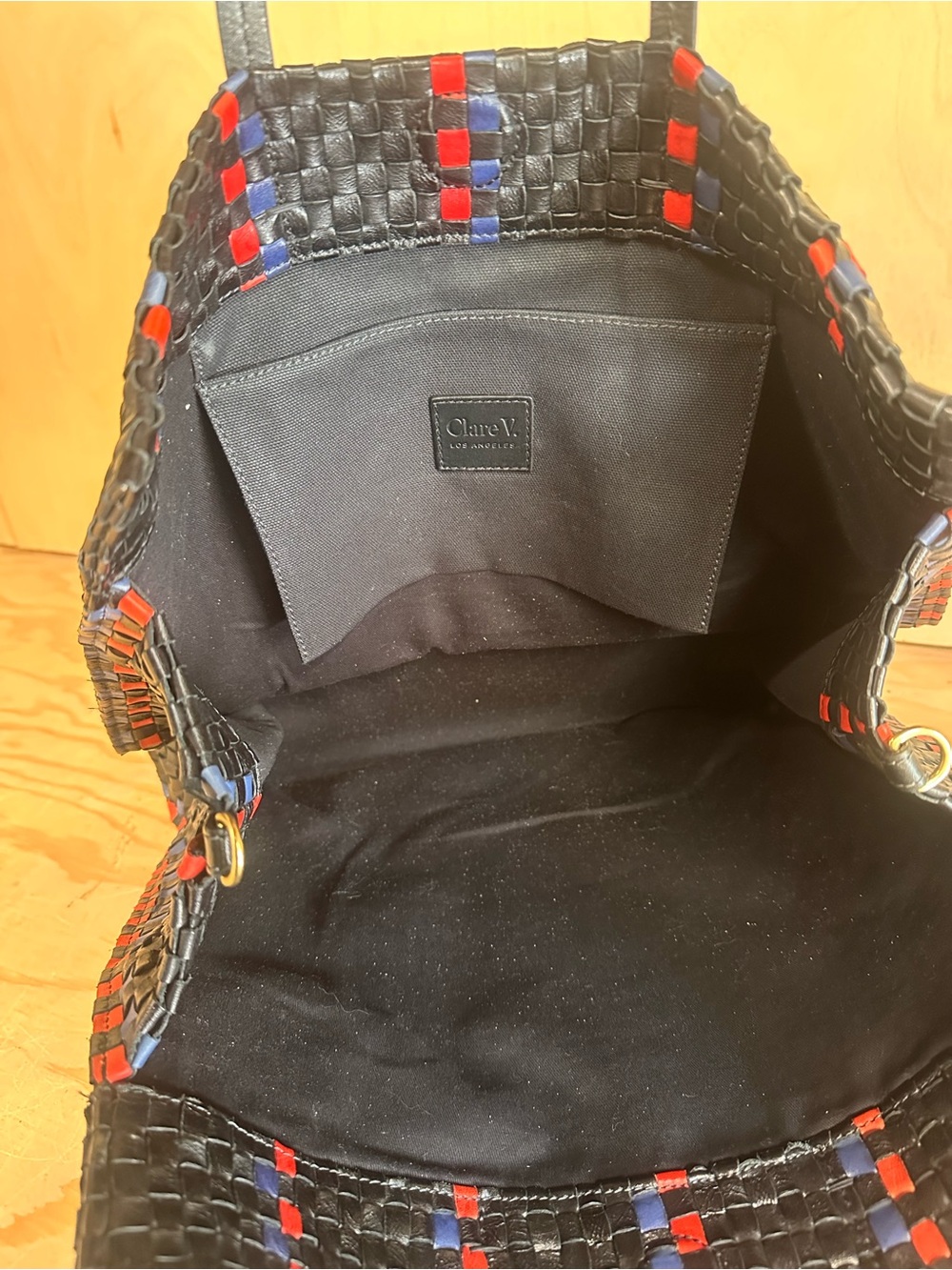 CLARE V. Woven Black Tote with Red and Navy Accent Stripes - Picture 7 of 12